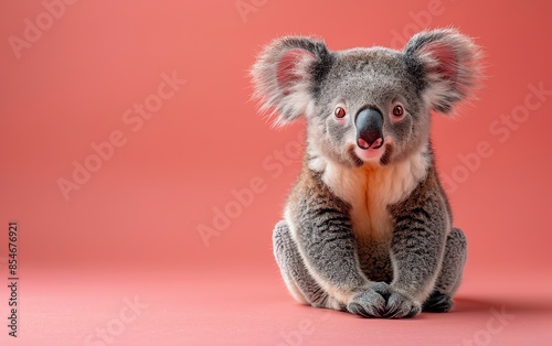 Adorable koala sitting against a coral-pink background, looking directly at the camera with a curious expression.