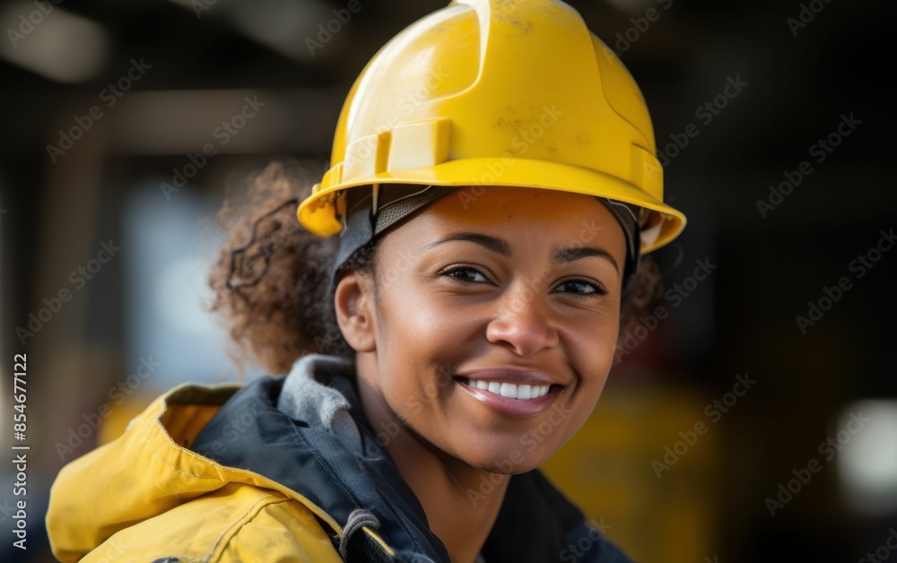 A woman wearing a yellow hard hat and smiling. She is wearing a black jacket and a black hat