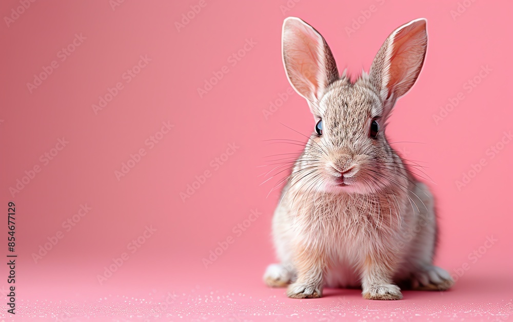 Obraz premium Adorable rabbit sitting on a pink background. Perfect for Easter, springtime themes, or pet-related content. Cute and eye-catching image.