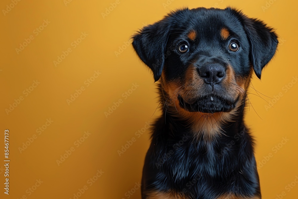Adorable Rottweiler puppy with a serious expression against a vibrant yellow background. Perfect for pet and animal-themed designs. Adorable Rottweiler puppy with a serious expression against a vibrant yellow background. Perfect for pet and animal-themed designs.