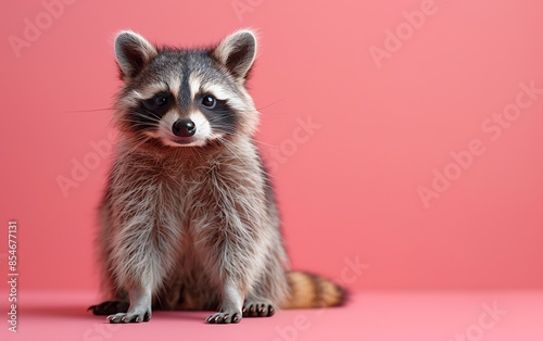 Adorable raccoon sitting against a solid pink background, looking directly at the camera, showcasing its cute and fluffy features. photo