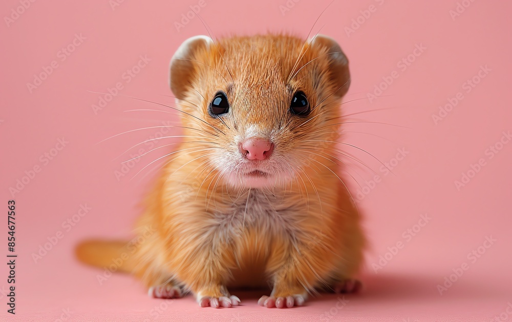 Adorable weasel with bright eyes and soft fur against a pink background, capturing cuteness and innocence in every detail.