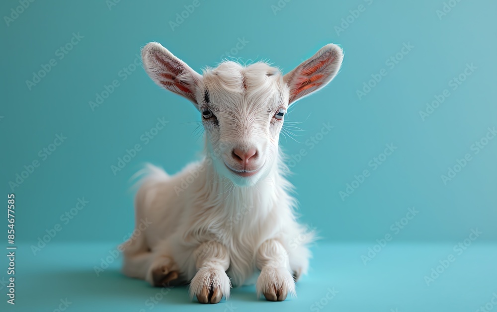 Adorable white baby goat lying down against a light blue background. Close-up portrait of a young goat with a curious expression. Adorable white baby goat lying down against a light blue background. Close-up portrait of a young goat with a curious expression.
