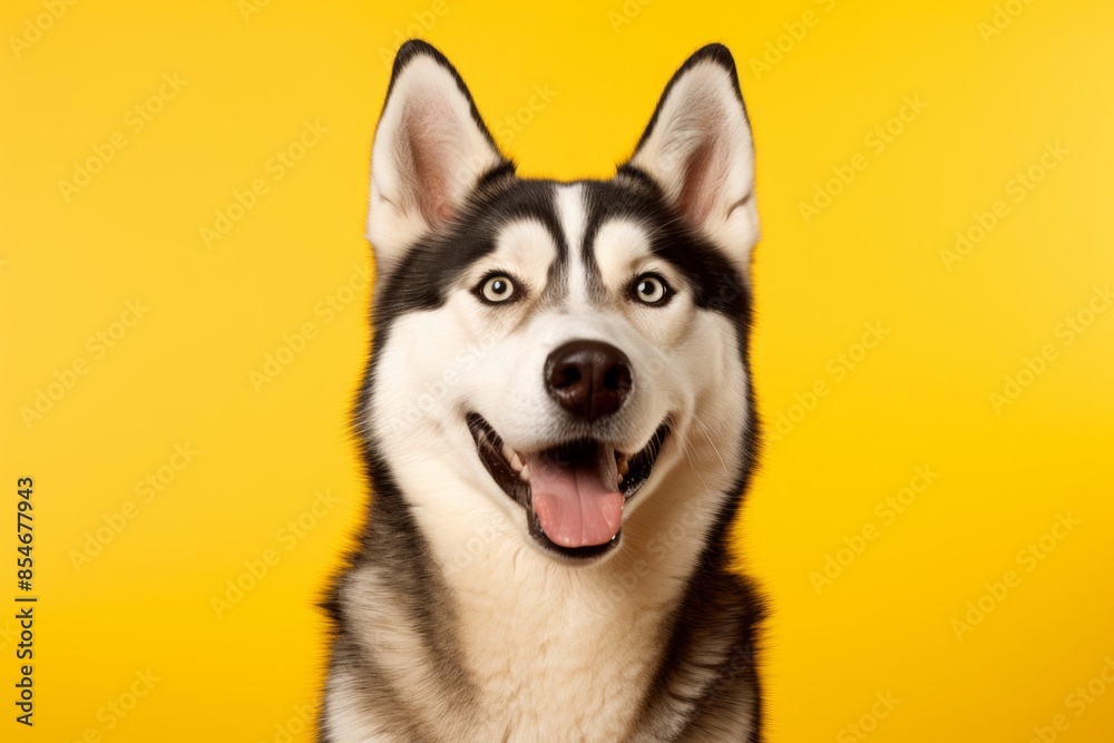 Portrait of a funny siberian husky isolated in soft yellow background Portrait of a funny siberian husky isolated in soft yellow background
