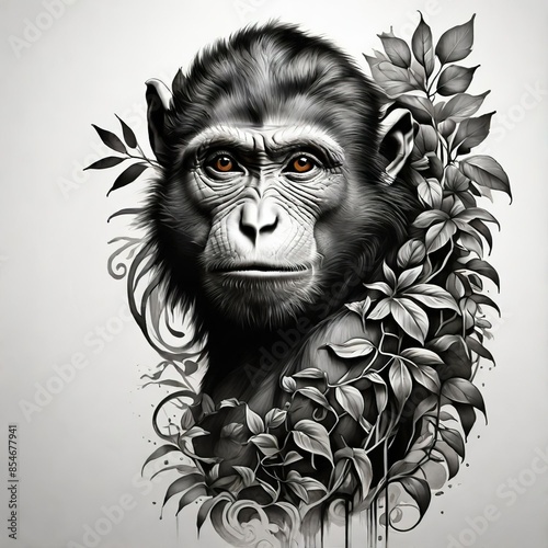 Tattoo design for upper arm. Black and white monkey head with jungle leaves on background. Simple artwork. photo