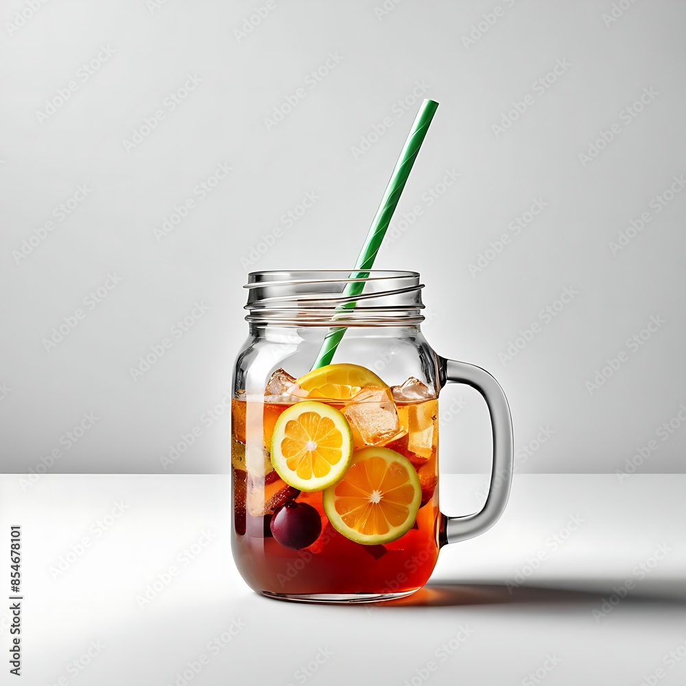 Summer fruit and citrus cocktail in a jar with berries and a straw, isolated on white background. Refreshing blend perfect for hot days Summer fruit and citrus cocktail in a jar with berries and a straw, isolated on white background. Refreshing blend perfect for hot days