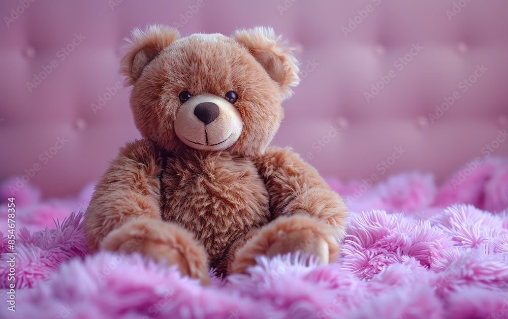 Fototapeta premium Cute brown teddy bear sitting on a pink fluffy bedspread against a tufted headboard background, perfect for nursery decor or child gift ideas.