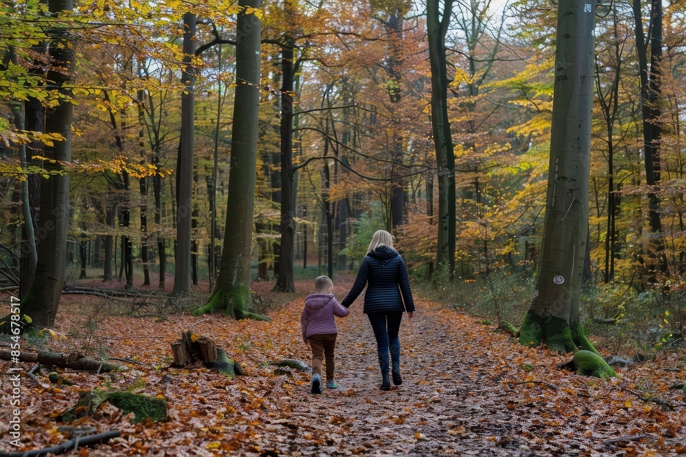 A family walking through a forest in autumn, leaves crunching underfoot, the joy of togetherness and natures beauty A family walking through a forest in autumn, leaves crunching underfoot, the joy of togetherness and natures beauty