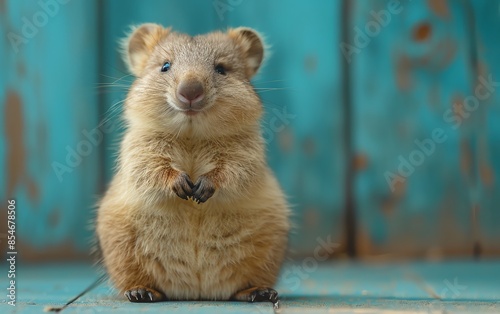 Cute quokka sitting on a rustic wooden surface with a turquoise backdrop, looking directly at the camera with a curious expression. photo