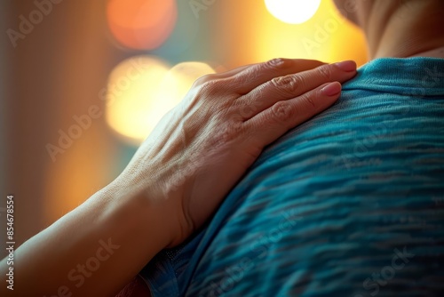 A hand resting on a shoulder in a gesture of support and friendship, background softly blurred to highlight the connection