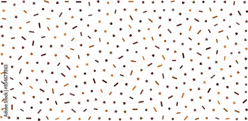 Seamless pattern with colorful sprinkles. Glaze for donut, ice cream or muffins with brown and falling chocolate heart, star and decorative candies. Vector Illustration for holiday designs.