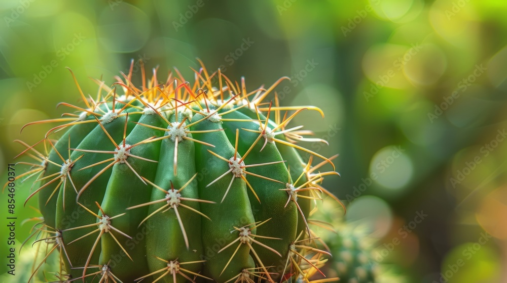 Closeup of the spines and leaves on top of a golden ball cactus, macro photography, blurred background Closeup of the spines and leaves on top of a golden ball cactus, macro photography, blurred background
