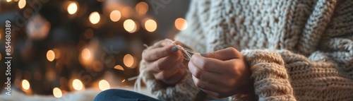 Person knitting cozy sweater by the fireplace with warm bokeh lights in the background, capturing the essence of winter and holiday comfort.
