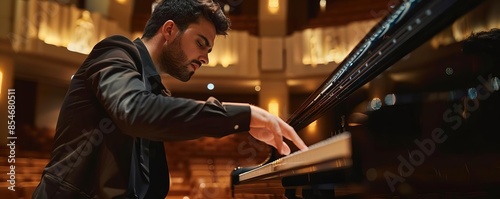 Talented pianist performing passionately on a grand piano in a concert hall, showcasing musical artistry and elegance.