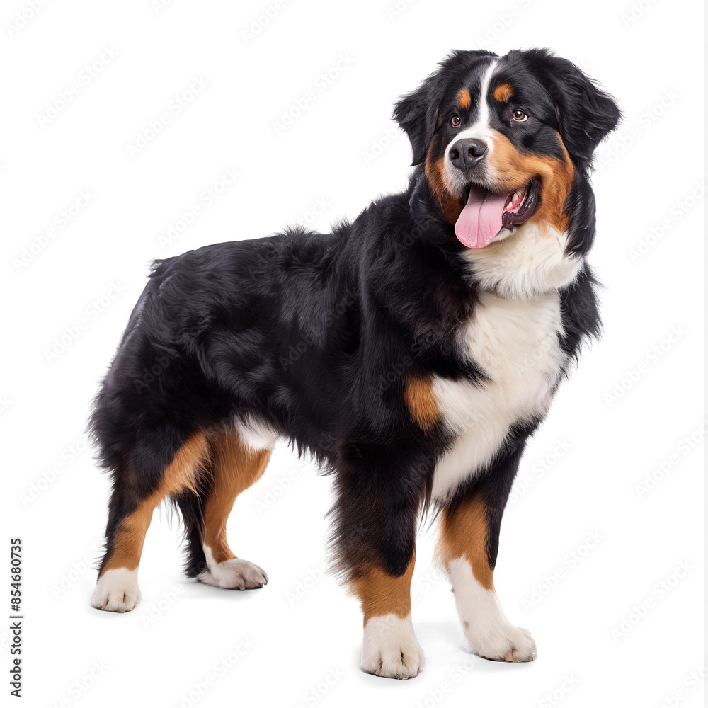 Cute happy Bernese Mountain Dog on isolated transparent background