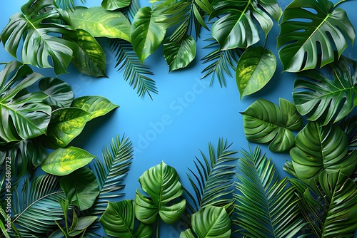 Tropical Leaves Background with Monstera and Palm Fronds - Ideal for Summer Designs, Posters, and Advertising