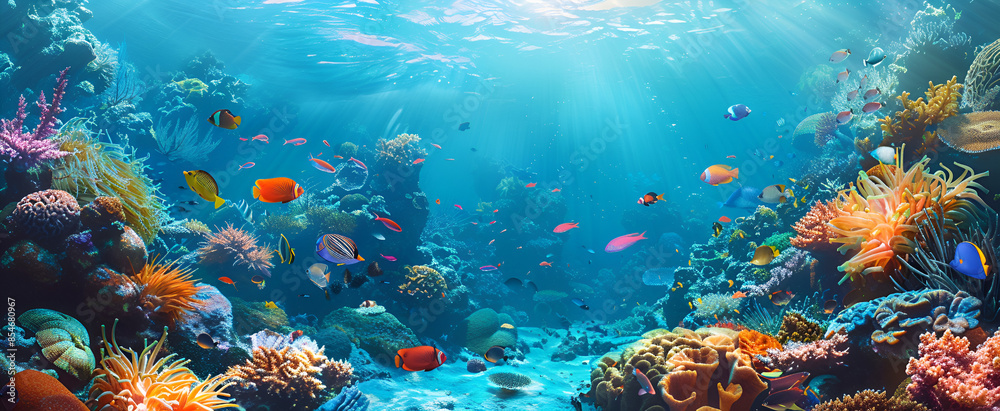 Naklejka premium vibrant underwater paradise with colorful fish swimming among a stunning coral reef.