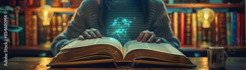 A person turning pages of a book, each page revealing a new, immersive world, their face lit up with fascination