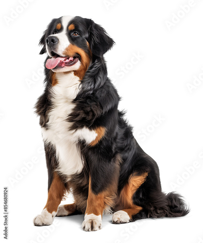 Obraz na płótnie Happy smiling Bernese Mountain Dog in sitting pose looking up and excited w salonie