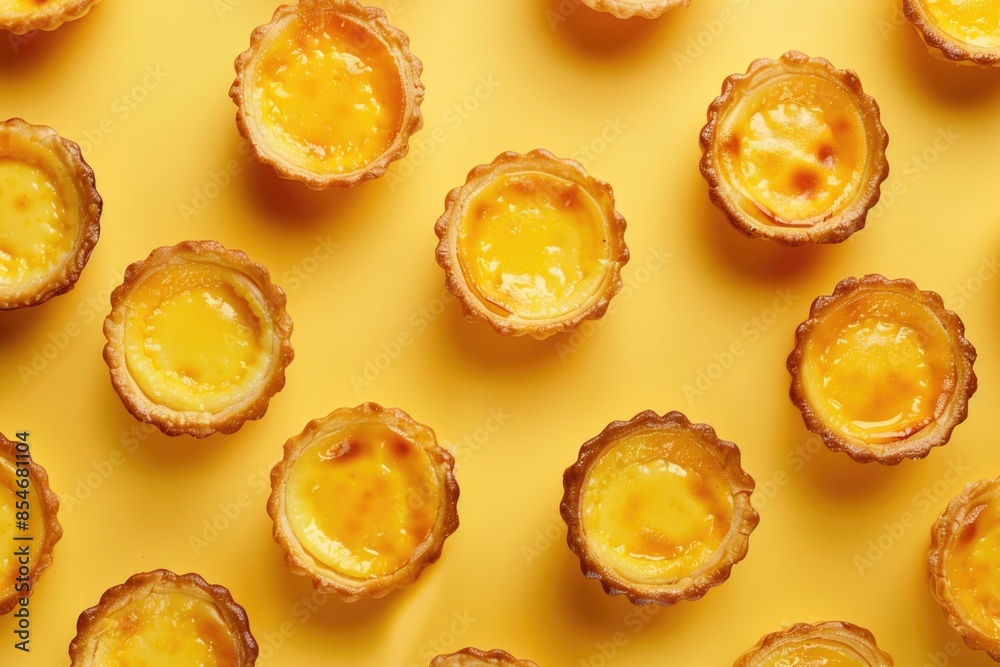 Freshly baked small tarts arranged on a bright yellow surface, perfect for photography or food styling