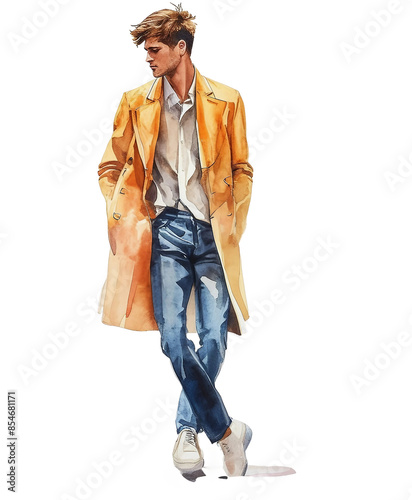 watercolour, fashion model man in an outfit full body