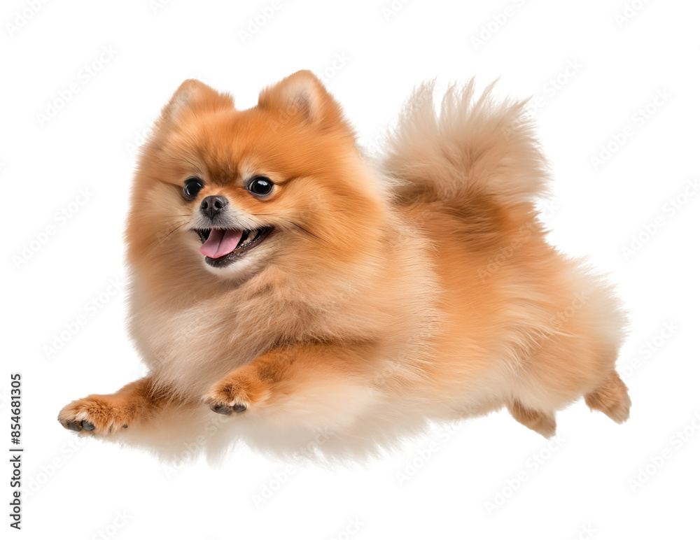 Cute pomeranian dog jumping floating in the air on isolated background Cute pomeranian dog jumping floating in the air on isolated background