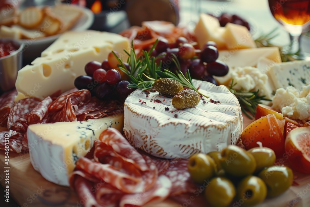 A selection of cheeses, olives, and cured meats arranged on a platter for snacking or serving A selection of cheeses, olives, and cured meats arranged on a platter for snacking or serving