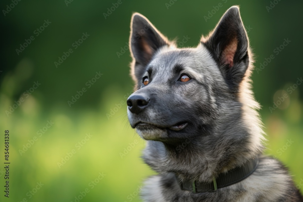 Portrait of a happy norwegian elkhound in soft green background