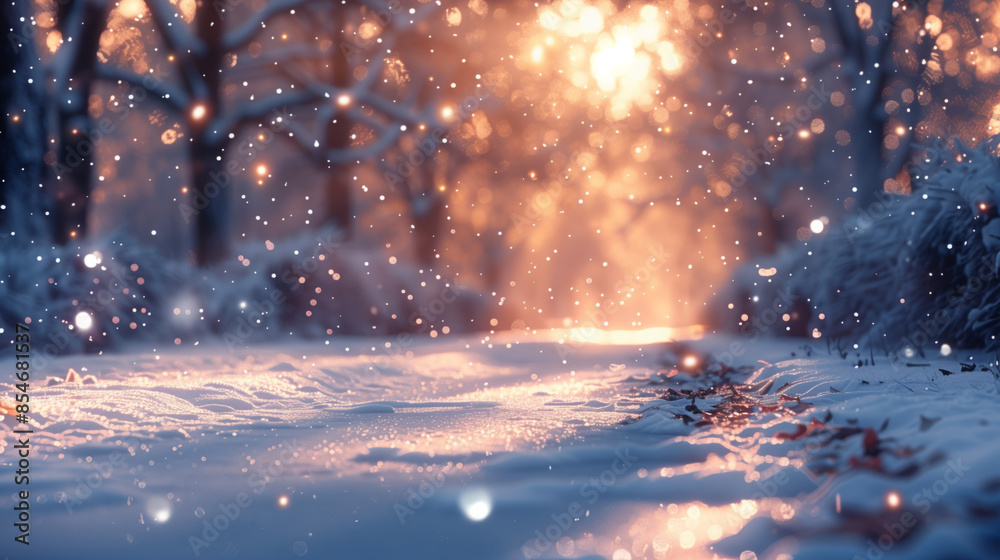 Naklejka premium A peaceful scene of snowfall in a winter forest at sunset, with the sun casting a warm glow through the trees.