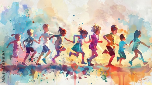 Cheerful children in watercolor-like dashes, joyously running side by side.