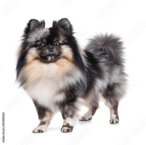 Merle Pomeranian dog full body portrait with fluffy fur