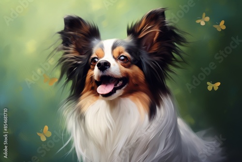 Portrait of a happy papillon dog isolated on soft green background
