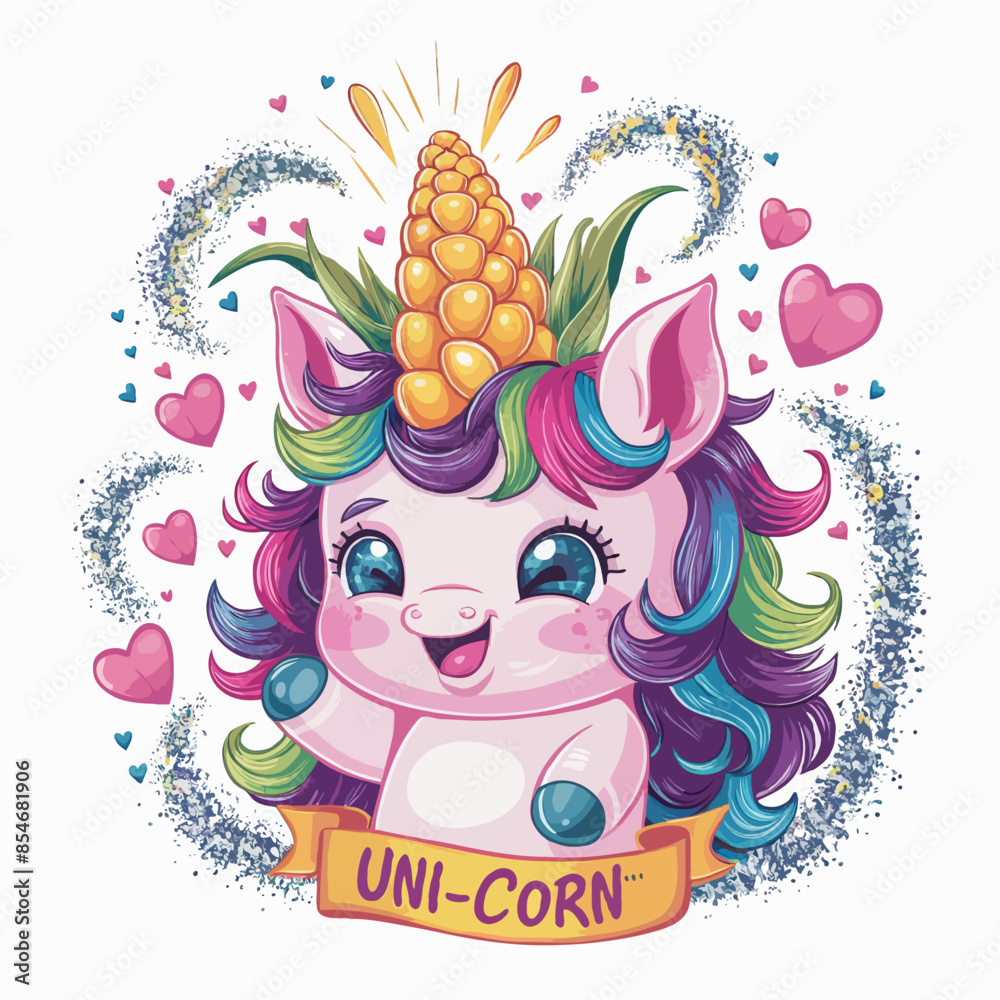 Naklejka premium Funny vector t-shirt design a cartoon unikorn with corn and a funny text UNI-CORN