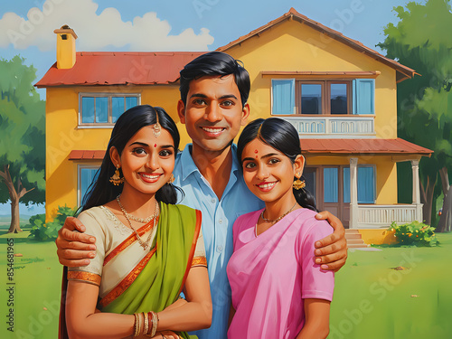 Portrait painting of Indian family standing in front of their new house in a village.
