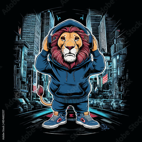 Funny animals Lion t-shirt streetwear design on black background