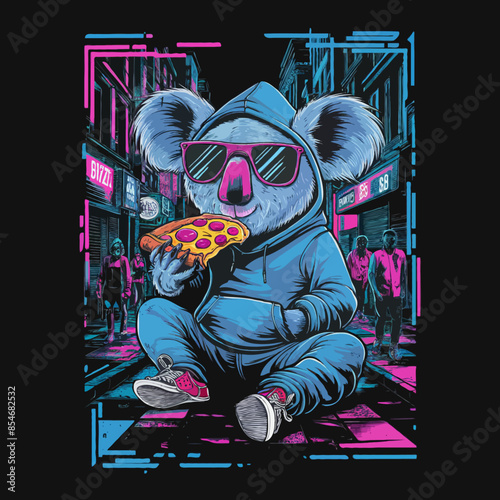 Funny vector t-shirt design  a cartoon coala eating pizza