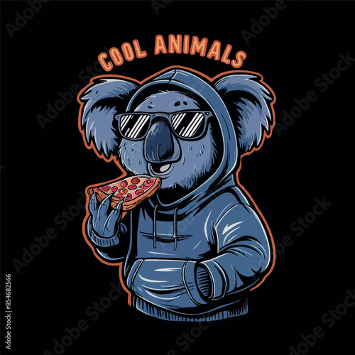 Funny vector t-shirt design  a cartoon coala eating pizza