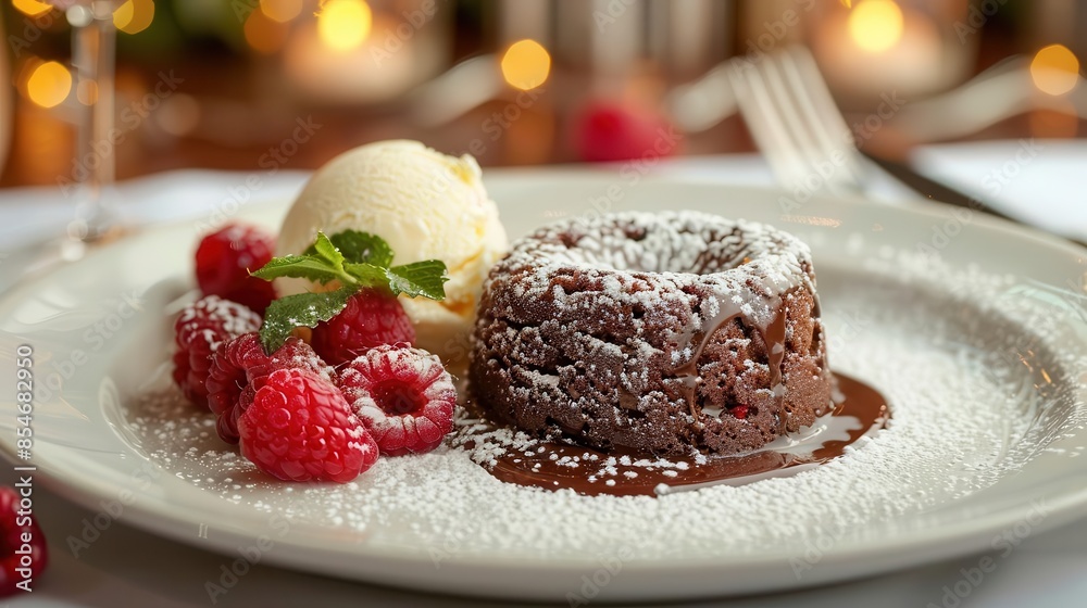 A decadent chocolate lava cake with a molten center, served with a scoop of vanilla ice cream and fresh raspberries A decadent chocolate lava cake with a molten center, served with a scoop of vanilla ice cream and fresh raspberries