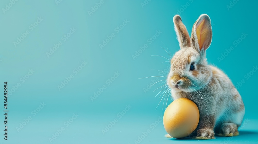 Fototapeta premium Easter bunny holding an egg in a blue background, perfect for sales and marketing posters.