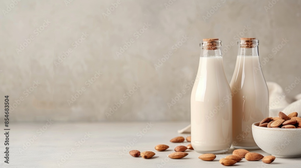 Healthy almond milk drink in clear glass bottles with light background promoting a dietary lifestyle A horizontal composition with space for text Healthy almond milk drink in clear glass bottles with light background promoting a dietary lifestyle A horizontal composition with space for text
