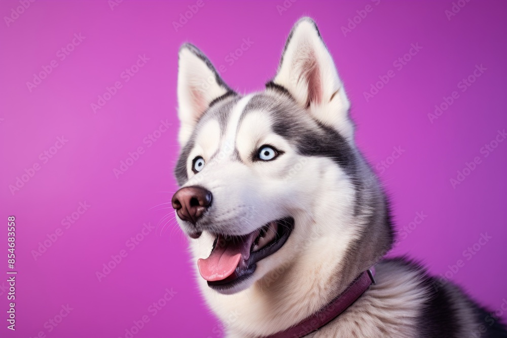 Portrait of a happy siberian husky isolated in soft purple background Portrait of a happy siberian husky isolated in soft purple background