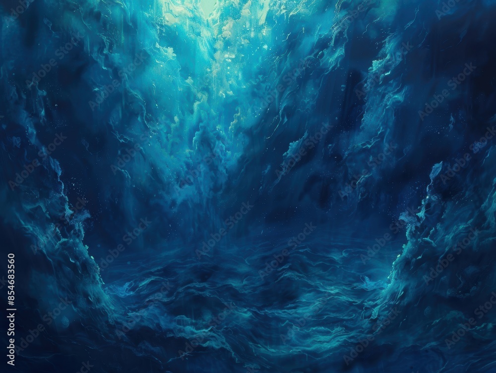 Obraz premium Abstract deep blue underwater scene with swirling currents and light rays, creating a mysterious and ethereal ocean atmosphere.