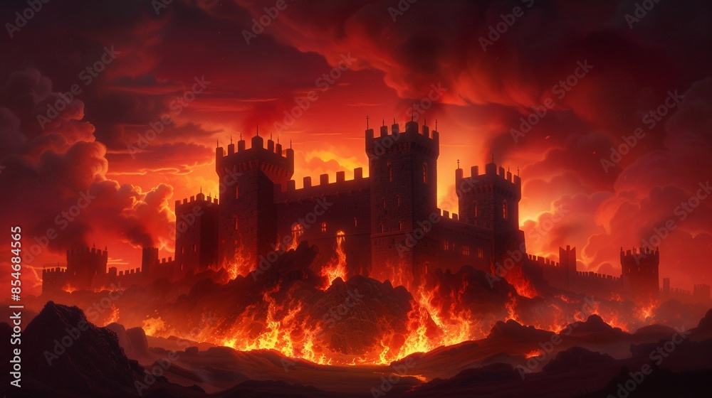 Obraz premium Ruined medieval fortress under a blazing crimson sky, with jagged towers and burning battlements, surrounded by a fiery landscape, evocative dark fantasy scene