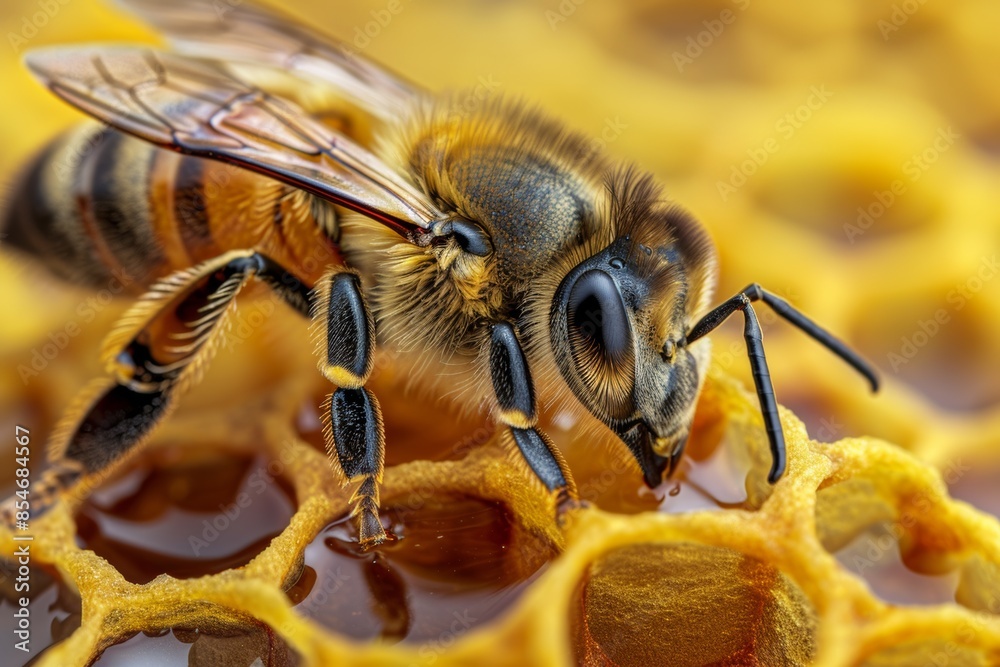Macro image of a bee with honey-filled pollen sacs, illustrating the process of nectar collection and honey production with stunning detail. Macro image of a bee with honey-filled pollen sacs, illustrating the process of nectar collection and honey production with stunning detail.