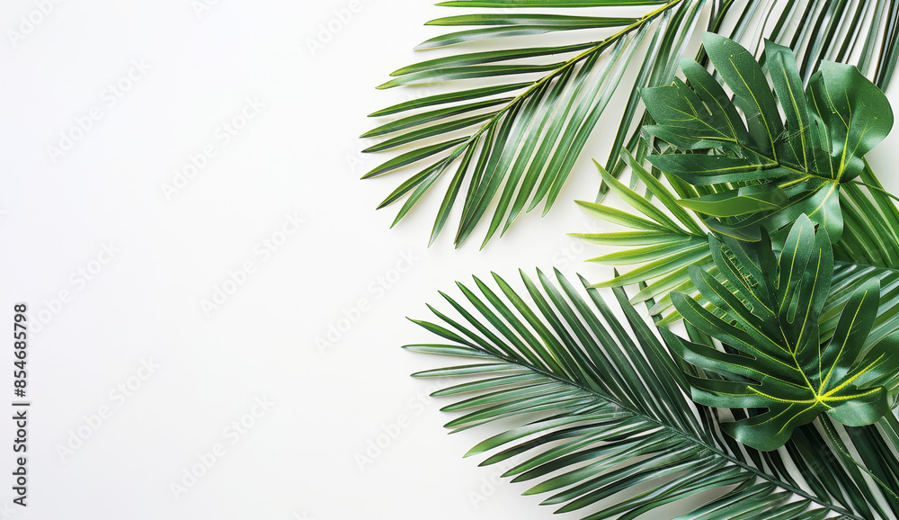Lush green palm leaves artistically arranged on a pristine white background Lush green palm leaves artistically arranged on a pristine white background