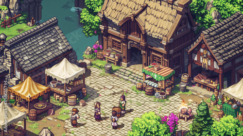 A bustling medieval village with thatched-roof cottages and market stalls , pixel art, game assets