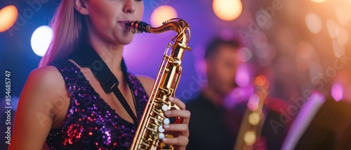Jazz band performing on stage, female saxophonist in a sparkling dress playing under warm lights, audience in the background, vibrant nightlife