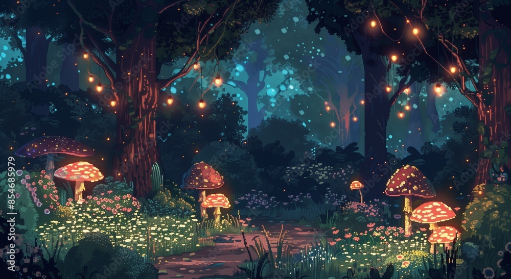 Naklejka premium A magical forest with glowing mushrooms, fairy lights, and mystical creatures , pixel art, game assets