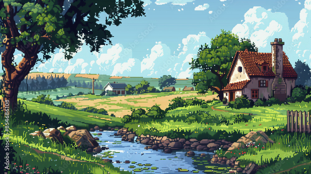 Obraz premium A tranquil countryside with rolling hills, a river, and a quaint farmhouse , pixel art, game assets