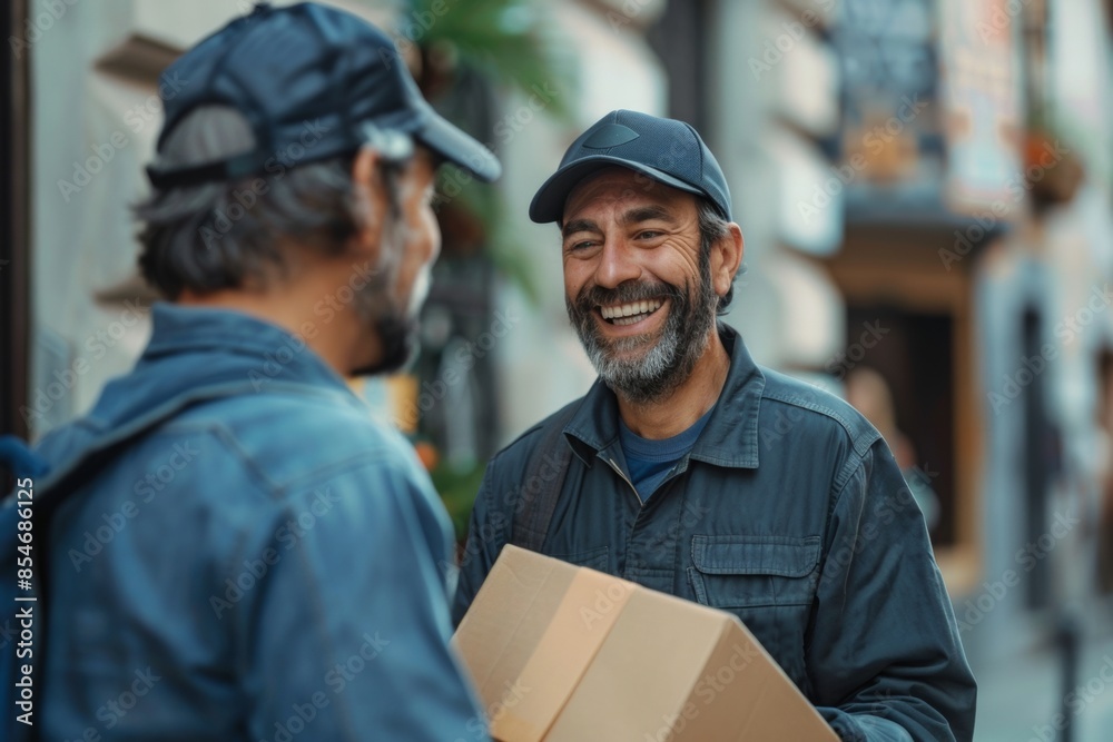 Smiling customer receiving a parcel from a dedicated delivery worker, expressing appreciation and satisfaction for the reliable and efficient service. Smiling customer receiving a parcel from a dedicated delivery worker, expressing appreciation and satisfaction for the reliable and efficient service.